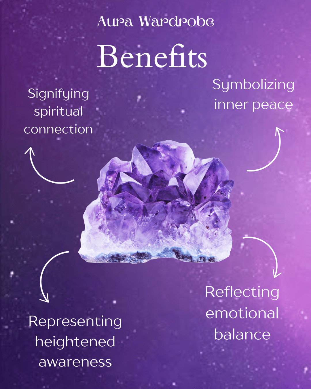Amethyst crystal showcasing benefits of spiritual connection, inner peace, heightened awareness, and emotional balance.
